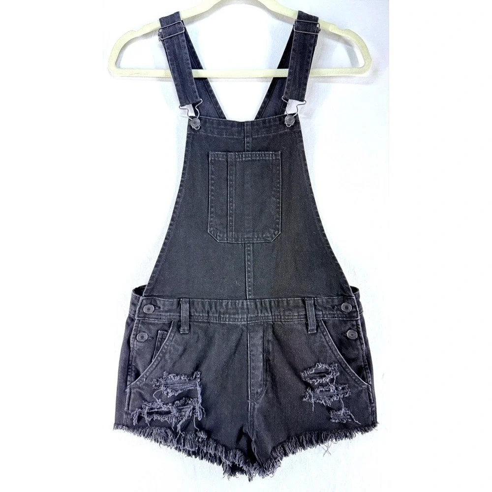 American Eagle Black Denim Bibs Short Overalls XS Distressed Grunge Fall Harvst